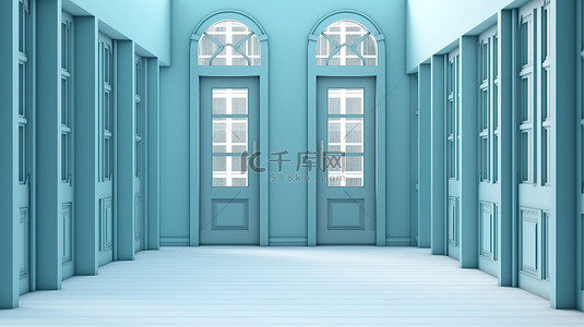 时尚的单色蓝色 3D 渲染门窗设计概念