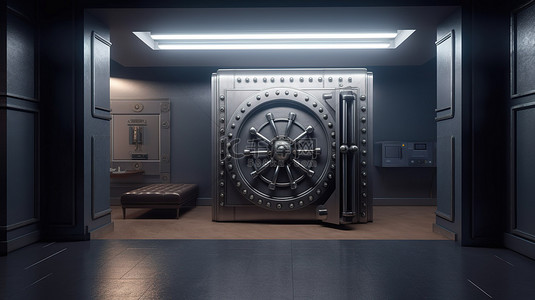 安全室内 3D 渲染与关闭的银行金库门