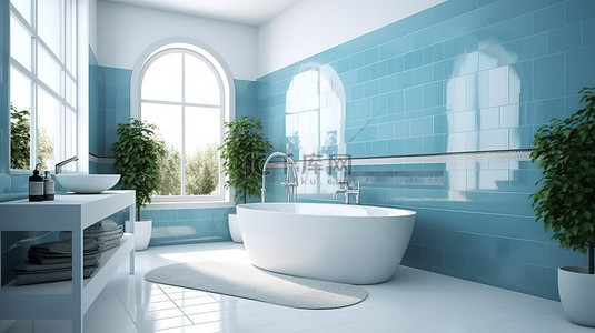 现代浴室设计，墙壁为白色和蓝色瓷砖