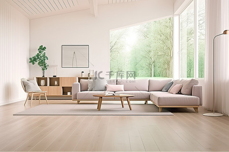 内部大空间背景图片_带沙发和白色硬木地板的大房间