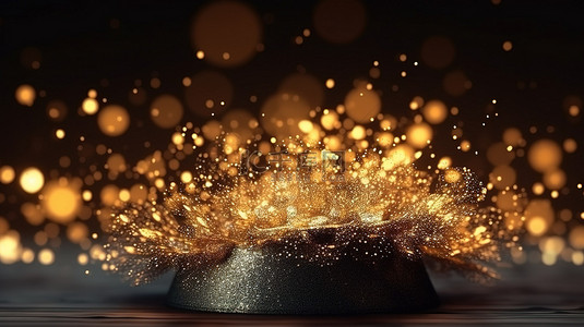 华丽绽放背景背景图片_华丽的 3D 渲染豪华背景，具有闪闪发光的金色颗粒和飘逸的光绽放流动的金属颗粒