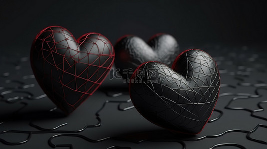 快乐的情人节 3d 在黑色背景中呈现心脏