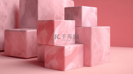 3d 渲染中的粉红色立方体，粉红色背景上带有大理石纹理伴侣