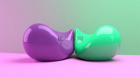 粉红色背景下紫色和绿色的简约 3D 聊天气泡 3D 插图中的社交媒体对话
