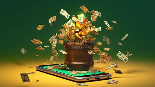 3D 渲染卡通手拿着智能手机，周围是现金，并启动一个获胜的在线赌场应用程序