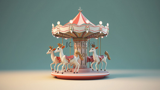 鹿卡通背景图片_以 3D 渲染的可爱的圣诞驯鹿旋转木马