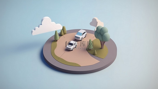 公路天空背景图片_等距圆路，带有汽车和位置图标，3D 插图设置在多云的天空下