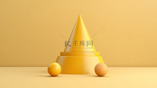 柔和的黄色 3D 插图圆柱支架上的抽象金字塔简约产品展示背景