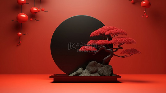 红色日式背景图片_带有盆景和红色圆圈背景的日式抽象黑色讲台的 3D 渲染插图