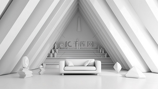 产品显示背景图片_具有抽象白色三角形的未来科幻室内设计的 3D 渲染