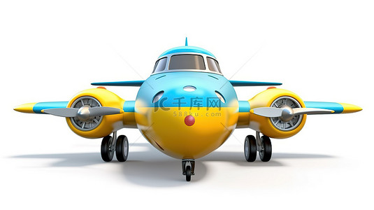 蓝色航空卡通背景图片_隔离在白色迷人的 3D 渲染中，从正面和低角度呈现黄色和蓝色复古两座飞机