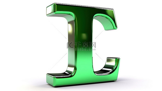 白色背景中的小写字母 t 3d 渲染绿色镀铬字体，具有闪亮的表面