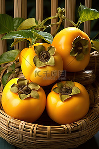 黄秋天背景图片_竹篮里的三个黄柿子