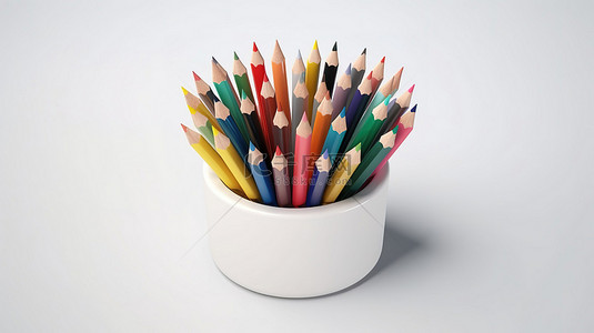 在干净的白色背景下以 3D 渲染排列的充满活力的铅笔