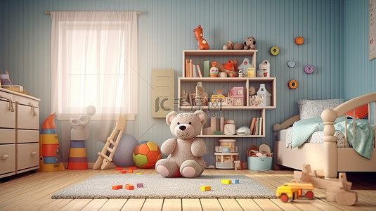 儿童卧室的 3D 渲染插图，配有毛绒动物和写字板