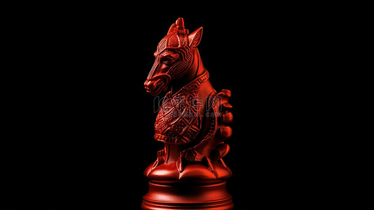 3D 渲染中的红色骑士棋子独立站立在黑色背景上