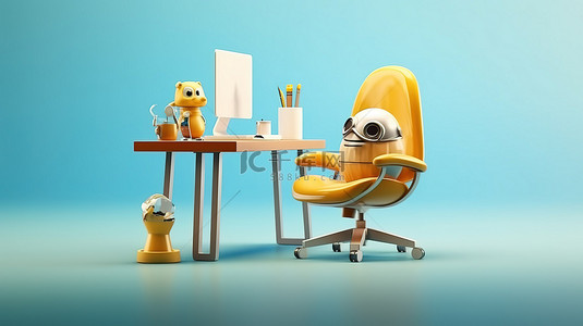 办公室招聘背景图片_自由漫画家在家庭办公室笔记本电脑椅和咖啡杯上工作，以 3D 插图为特色，具有充足的复制空间