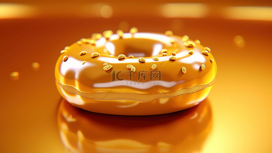 金色糖果背景图片_3D 渲染的金色釉面甜甜圈在耀眼的金色背景上
