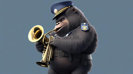 有趣的 3D 肥胖大猩猩卡通插图挥舞着标牌并吹着喇叭