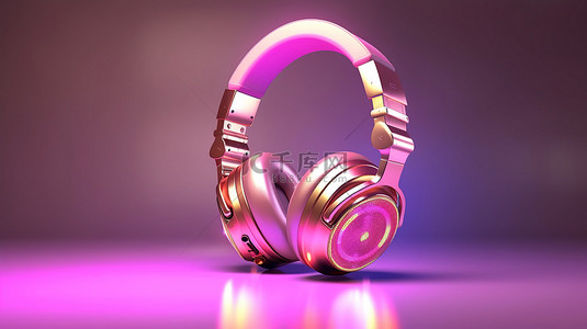 粉色和金色耳机的 3D 渲染风格与声音的完美融合