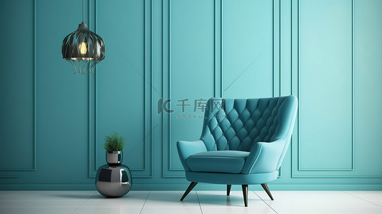 样机室的豪华 3D 渲染，配有空墙蓝色扶手椅和精致的吊灯