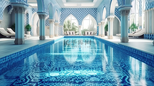 蓝色酒店背景图片_水疗中心东方风格室内游泳池的 3D 渲染，配有蓝色和白色瓷砖