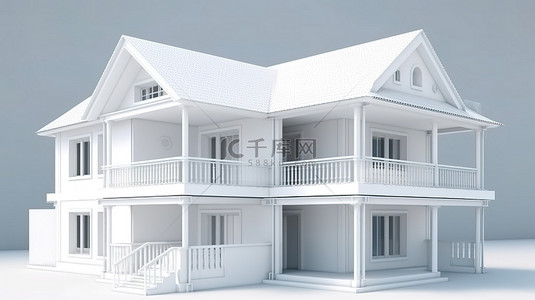 3d 渲染中的孤立白色两层楼房屋
