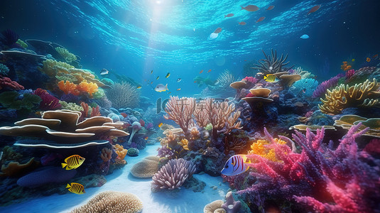 充满活力的珊瑚礁被蓝光和水下光线照亮，令人惊叹的 3D 渲染