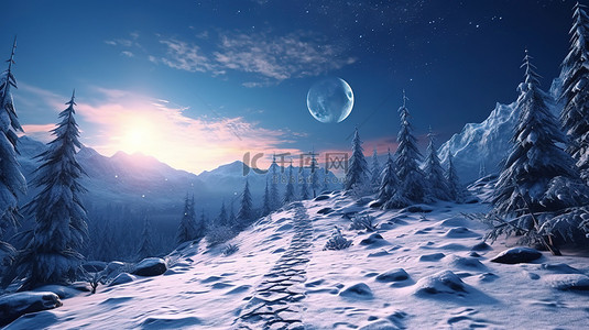 3D 渲染的雪山场景，满月和飘落的雪花