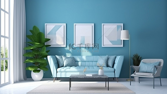 蓝色白色边框背景图片_蓝色客厅室内设计的 3D 渲染，带有白色边框相框和蓝色座椅