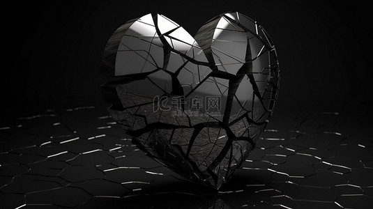 壁纸深色背景图片_单色 3D 渲染抽象破碎的心在黑色背景