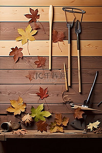 木桌上的叶子，旁边有花园工具