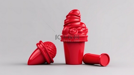 塑料风格的甜品冰淇淋和纸杯蛋糕的实心红色单色 3D 图标