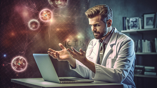 医生多任务处理 3D 合成图像显示男医生指着笔记本电脑并同时使用手机