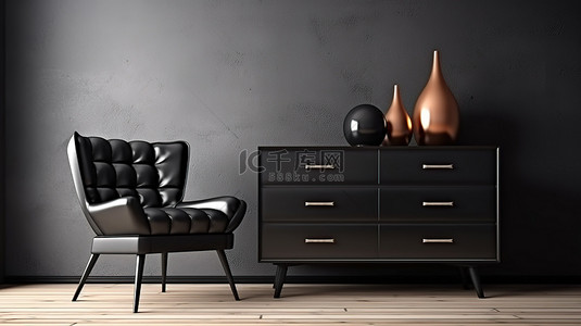 现代 3D 渲染别致的黑色内饰，配有时尚的梳妆台和椅子