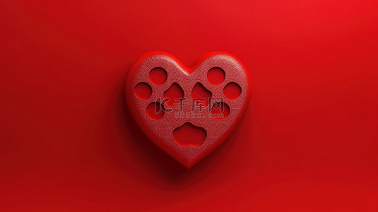 背景上孤立的红色心形宠物爪子的 3D 渲染