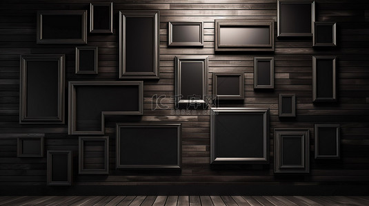 想象光滑的黑色木墙装饰着 3D 仿相框
