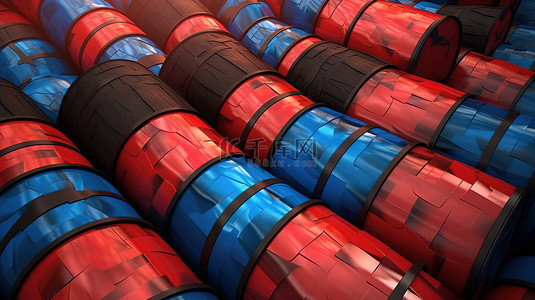 能源工业背景图片_工业背景 3D 渲染插图以红色和蓝色桶为特色