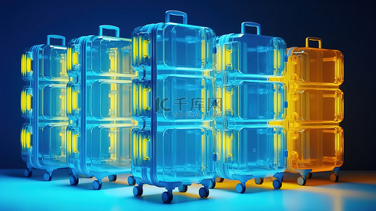 旅行黄色背景图片_豪华酒店蓝色背景下黄色行李手推车的 3D 渲染，配有蓝色大型聚碳酸酯手提箱