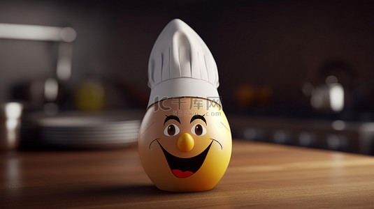 搞笑厨师帽背景图片_受厨师启发的 3D 鸡蛋渲染，带有快乐的彩绘面部表情