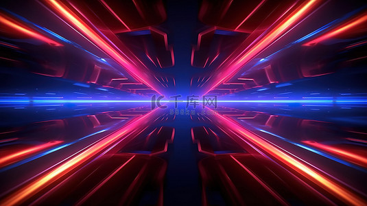 太空时代能量蓝色和红色未来派霓虹灯条纹的 3D 渲染