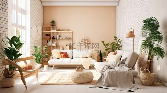 波西米亚风格的家居室内设计与斯堪的纳维亚客厅设计令人惊叹的 3D 渲染