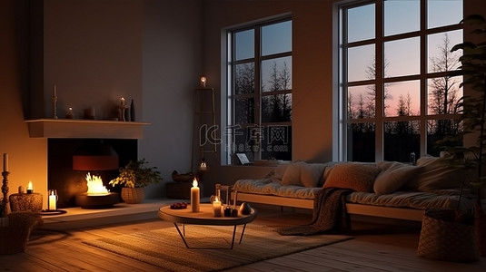温暖壁炉背景图片_当代舒适的斯堪的纳维亚农舍客厅呈现出夜间光芒和温暖的壁炉的插图
