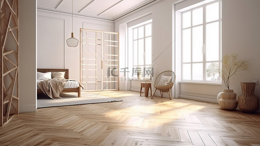 斯堪的纳维亚波西米亚风极简主义当代白色内饰与镶木地板