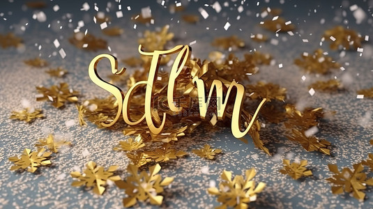 十二月字体背景图片_手写的金色节日信息，带有 3D 渲染的金色五彩纸屑，让它下雪