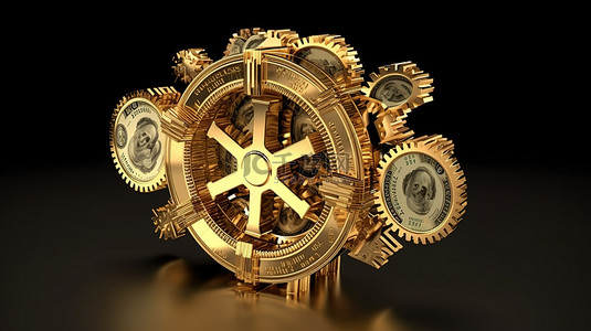 金钱银行背景图片_金钱轮在代表商业和货币系统的齿轮中转动金色美元符号的 3D 渲染
