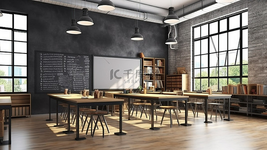 黑板和墙背景图片_现代教室的 3D 渲染，配有时尚的书桌舒适的座椅黑板和门的侧视图