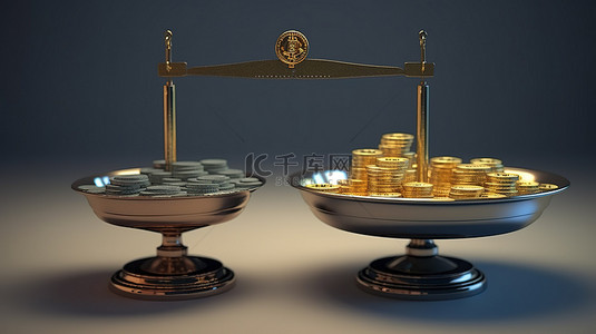 比例图圆背景图片_使用 3d 渲染比例可视化比特币和货币之间的重量比较，将比特币呈现为较重的货币