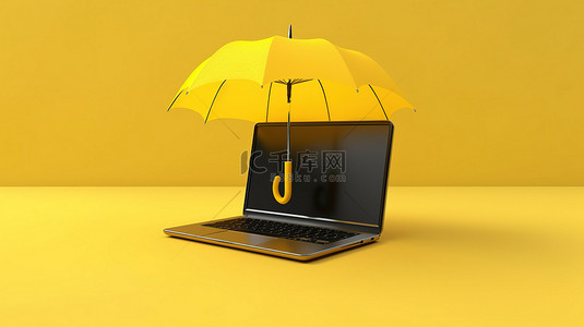3d 渲染的黄色雨伞遮蔽的笔记本电脑