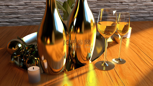 3d 渲染闪闪发光的香槟瓶和金色色调的眼镜